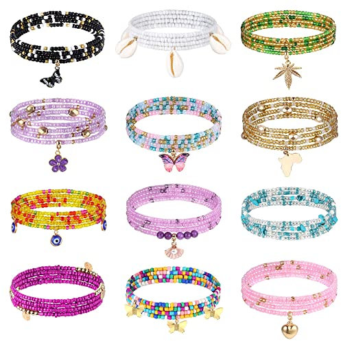 Kakonia 12Pcs Taille Perlen Ketten für Frauen Bunte Bauch Perlen Elastische Taille Ketten Sommer Strand Bikini Bauch Körper Ketten Afrikanischen Taille Perlen Taille Schmuck B