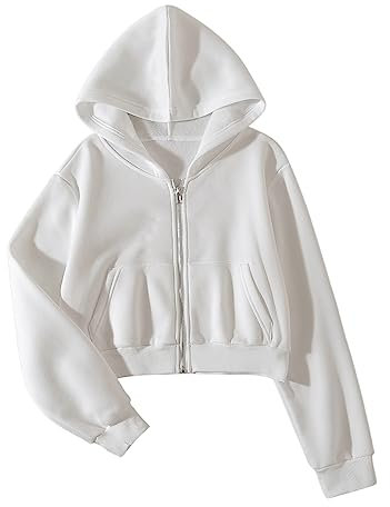 GORGLITTER Damen Sweatjacke Bauchfrei Kapuzenpullover Langarm Kurz Hoodie Sweatshirt Crop Pullover Kapuzenjacke Cropped Jacke mit Zip Weiß M