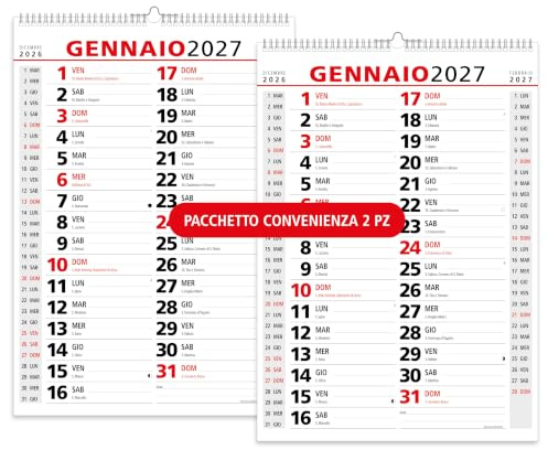 Calendario 2027 da Muro Olandese Classico - 14 Fogli - 3 mesi per pagina con Feste Settimane Lune e Santi in Carta ECOLOGICA Certificata FSC® Mix Credit - 42x29,7 cm - 2 PZ.
