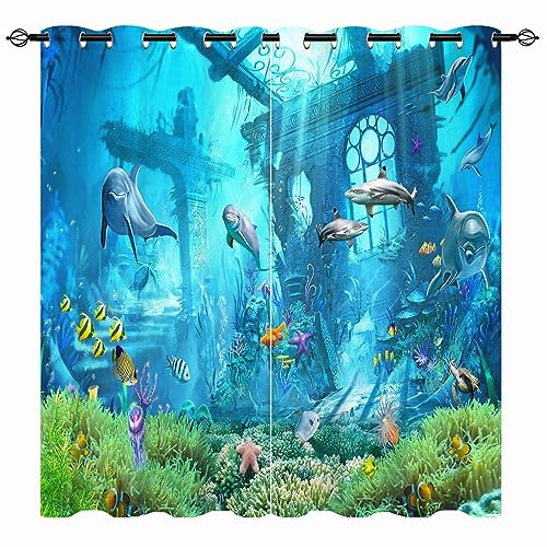 YUANZU Ozean Vorhänge Unterwasser Tiere Marine Leben Delfin Ösen Gardinen mit Blickdichte Vorhang Kälteschutz Blackout Curtain Kinderzimmer Schlafzimmer Verdunkelung Fenster, 2 Stück, H 160 x B 106 cm