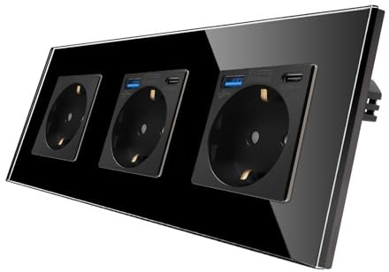 CNBINGO Glas Dreifach Steckdose mit 4 USB Ports, 2× (Typ-C und Typ-A unterstützung 20W Schnellladen) - Schuko Steckdose Unterputz in Schwarz - Schutzkontakt Wandsteckdose mit Glasrahmen