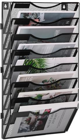 TQVAI 8 Compartiments Métal Porte Revue Mural Porte Documents A4 Organisateur De Bureau Rangement Papier Dossier Suspendus, Noir