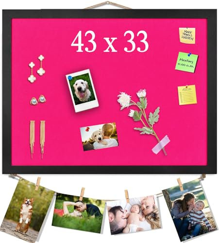 Rosa Pinnwand aus Kork mit Filz, 43x33CM kleine Anzeigetafel, Memoboards, Filzboard Pinnwand für Wände, Schmuck, Notizen, Sammlungen, Fotos, Büro, Holzrahmen (Schwarz) & Filz (Rosa), 1 Stück