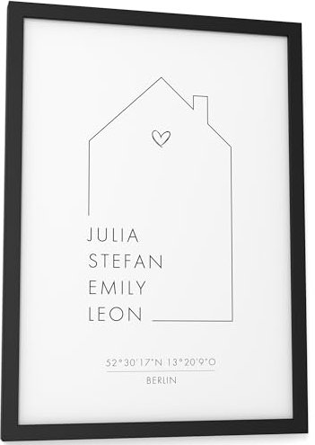 Papierschmiede® Familie Herz Haus, Poster mit Koordinaten und Namen, DIN A4 (21x30 cm) Rahmen wählbar in versch. Farben, fertig gerahmt, Personalisiertes Geschenk zum Einzug Einweihung Zuhause