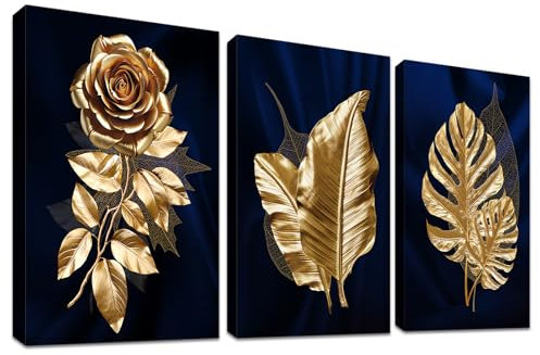 3 Panels Mit Rahmen Leinwand Bilder Goldene Rosen Blätter Bild auf Leinwand Malerei Poster Wandbilder Wanddeko Wohnzimmer Schlafzimmer Dekorationen Bereit zum Aufhängen 150x70cm (20x28x3pcs)