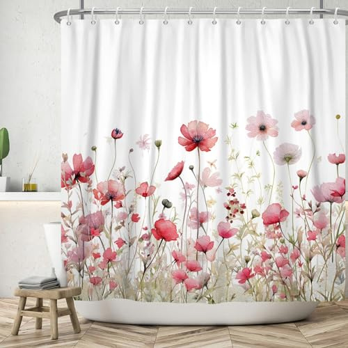 ASDCXZ Blumen Duschvorhang 180x200 cm, Frühling Handgemalt Rot Rose Blumen Grün Blätter Weiß Bad Waschbar Duschvorhänge Polyester Textil Wasserdicht Badevorhang für Badewanne mit 12 Haken