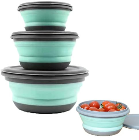 CTForest Set di 3 Ciotole Pieghevoli, Contenitori per Alimenti in Silicone, Ciotola Insalatiera Da Viaggio Pieghevole, Ideali per l'escursionismo in Campeggio(Verde)