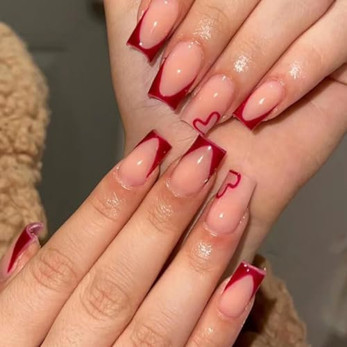 Brishow Valentinstag Künstliche Nägel zum Aufkleben Rot Herz Press on Nails kurze Ballerina Acryl Falsche Nägel 24 Stück für Frauen und Mädchen (d)