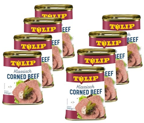 TULIP 8x Corned Beef 340 g | Klassisches Frühstücksfleisch in der Dose | Zartes gepökeltes Fleisch in der Konserve | Konservenfleisch mit 98% Rindfleisch