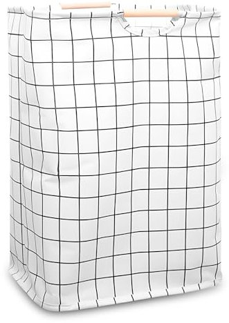 Fousenuk Wäschekorb Faltbarer Geflochten Oxford-Gewebe Schwarz-Weißes Gitter 39×53×27 cm, Wäschesammler Faltbar Waschkorb mit Henkel Holzgriff Groß, Laundry Basket Schlafzimmer, Badezimmer, Schlafsaal
