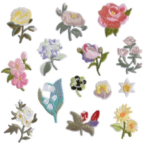 Zimoer Blumen Patches zum Aufbügeln, 14 Stück Bestickte Aufnäher Flicken zum Aufbügeln, Verschiedene Muster DIY Kleidung Aufbügeln Patches Blumen Applikation für Jacken Jeans Hüte Taschen Schuhe Kleid