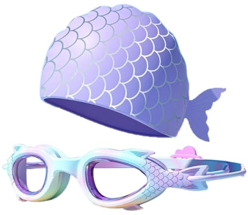 PORUPAEL Bonnet De Bain Et Lunettes Enfant Lunettes De Natation Sirène Swimming Cap Anti-Buée Lunettes Piscine équipement De Natation Pour Enfants Fille Garçon 3-12 Ans (Violet)