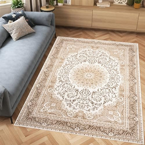 TAPISO Hera Teppich Kurzflor Glänzend Braun Creme Beige Traditionell Bordüre Ornament Floral Blumen 3D Effekt Wohnzimmer Schlafzimmer ÖKO-TEX 160 x 220 cm