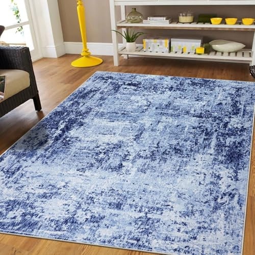 Capslpad Blau Abstraktes Teppich Wohnzimmer 120x180cm rutschfest Kurzflor Kunstwolle Schlafzimmer Teppich Waschbar Minimalistisch Bettvorleger Teppiche für Wohnzimmer Schlafzimmer Büro Bereich Dekor