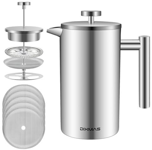 Dixmas Cafetière à Piston Camping en Acier Isotherme avec 5 Filtres de Rechange French Press 350ML 2 Tasses