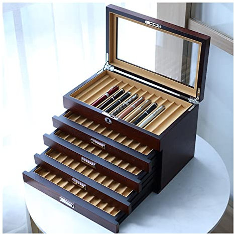 Pen Display Box with Glass Window, 3/5 Layer Pen Organizer Case Storage for Fountain and Collector Pens - Wooden Pen Display Box with Drawers