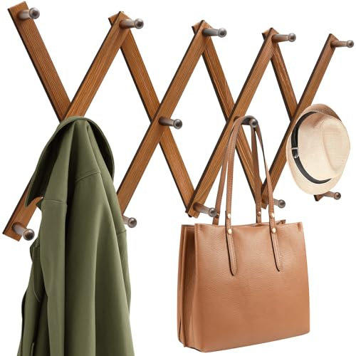Homode Accordion Wall Hanger, Hat Rack for Wall, Wood Expandable Coat Rack, Vintage Accordian Peg Hooks Purse Organizer for Hanging Baseball Caps, Coffee Mug, Hats, Clothes, Backpack, Towel