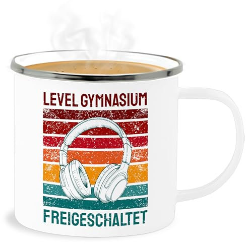 Emaille Becher Blechbecher - Grundschule Abgänger - Tassen - Level Gymnasium freigeschaltet | Gymnasium Einschulung Geschenk - 300 ml - Weiß Silber - trinkbecher 5 klasse schulstart tasse junge