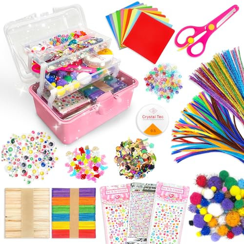 LINAYE 2500+PCS Bastelset Bastelkoffer für Kinder,Bastelmaterial Bastelbox Gehören Pfeifenreiniger,Pompons,Scrapbooking Basteln Set Alter 4 bis 10 Geschenk für Junge Mädchen Bastelbedarf Rosa