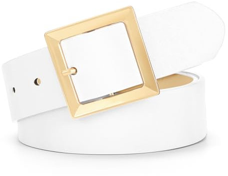 SUOSDEY Damen Ledergürtel für Jeans Hosen Kleid, Taillengürtel mit quadratischer Gold/Silber Schnalle weiß