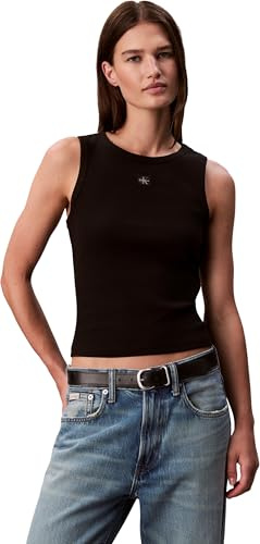 Calvin Klein Damen Tank Top Woven Label Cotton Rib mit Logo, Schwarz (Black), 2XS