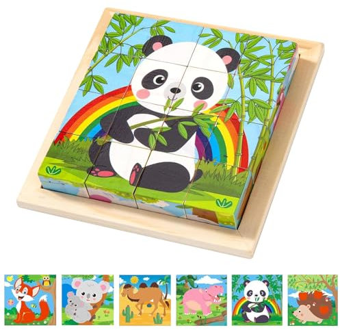Würfelpuzzle Holz, 3D Bilderwürfel Puzzlespiele, 6 in 1 Tier-Motive Holzpuzzle Montessori Spielzeug mit 16 Würfel Lernspielzeug Holzspielzeug Geschenk für ab 1-8Jahren Jungen und Mädchen (Wildtiere)