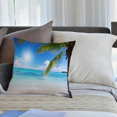 EMCLKS Designs Kissenbezug Männer/Frauen/Jungen/Mädchen Wohnzimmer Schlafzimmer Sofa Stuhl Kissenbezüge,Sommer, tropisches Paradies, Strand, Kokosnüsse, Kristall, Ozean, klarer Himmel, Gelb,45x45cm