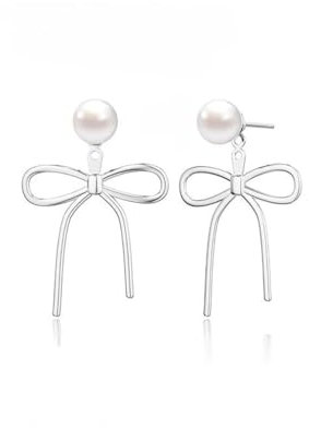 Schleifen Ohrstecker Silber 925/Gold für Damen, Ohrringe Hängend Perlen Wasserfest Hypoallergene Ohrring Stecker Ohrhänger Personalisierte Geschenke für Mädchen