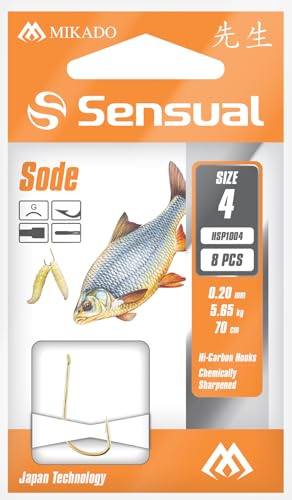 8 x Mikado SODE 70cm fertig gebundene goldene Angelhaken Vorfächer für Rotaugen und Brassen Größe #4 bis #14 erhältlich (#4/0,2mm)