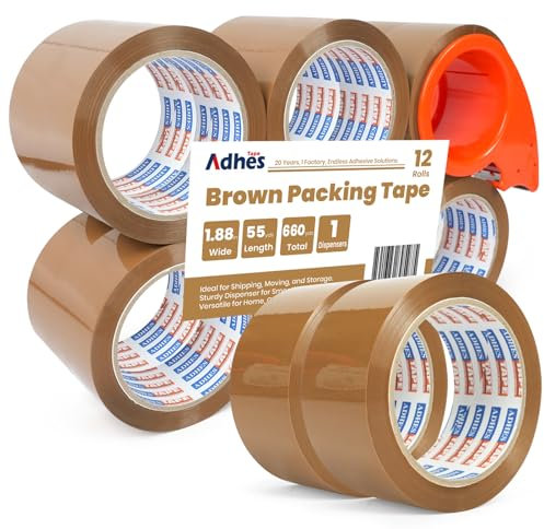 ADHES 12 x Rouleau Ruban adhésif d'emballage brun, 48mm x 50m ruban transparent brun avec Cutter, carton pour le transport et le déplacement