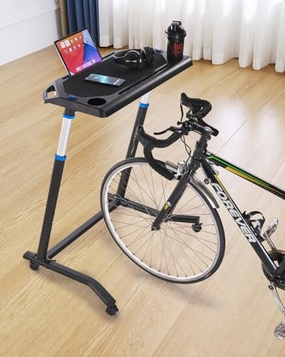 VEVOR Cycling Desk, Mobile Foldable Multi-Functional Bike Trainer & Treadmill Desk with Lockable Wheels, Non-Slip Multi-Slot Bike Trainer Fitness Desk with Handle Bar, Fit for Home Office Exercise