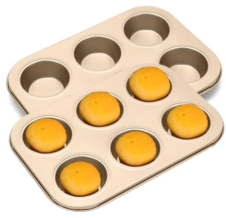 Ruioomeep Rund Backblech für Muffins, 2er-Pack Karbonstahl Muffinblech für 12 Muffins, Mini Muffins Backform 27,5 x 18,5cm, antihaftbeschichtet, Muffinform, Mini Cupcake Formen, Gold