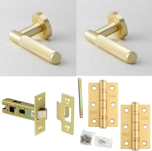Door Handle & Latch Set Satin Brass Knurled Premium Rounded Lever Round Plain On Rose