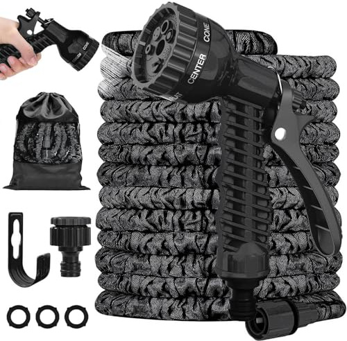 LINGKY 7,6 Meter Dehnbarer Gartenschlauch, Flexibler Wasserschlauch mit 19-mm, 12-mm-Anschlüssen, Dehnbarer Magic Schlauch, Gartenschlauch mit 7-Funktions-Sprühdüse, Haltbarer Schlauch mit Latexkern