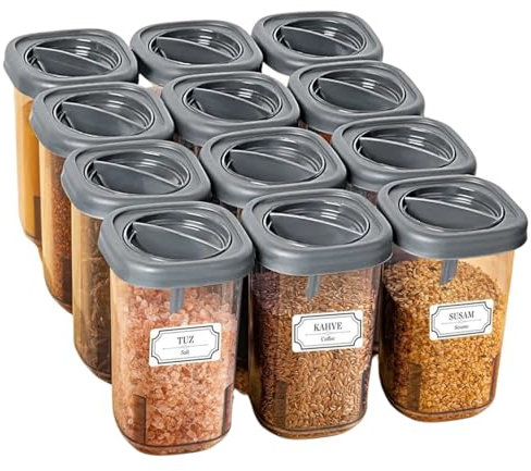 IDOBY 12er Set Gewürzbox aus Kunststoff, Transparente Gewürzdose, BPA-Freiem Kunststoff Camping Gewürzbox, Küche Salz- und Pfefferstreuer Gewürzdosen für Aufbewahrung Gewürze (transparente)