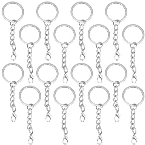 ZUWIJEQ 16 Pcs 25 mm Anelli Portachiavi con Catenella Anello Ganci per Portachiavi Anellini Gancetti Acciaio Inox Metallo Accessori Catena Ciondoli per Portachiavi Fai Da Te Kit Argento