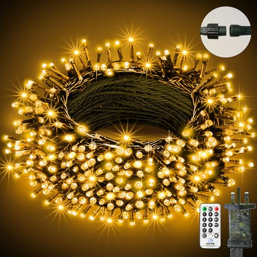 btfarm 10M 100LED Christmas Fairy Tree Lights with Remote, Outdoor Xmas Lights Mains Powered, 8 Modes Timer Waterproof Warm White String Light for Indoor, Outside, Garden, Party, Wedding Decorations