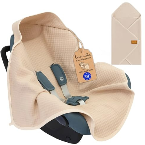 Leanbe Einschlagdecke aus Waffelstoff für den Sommer 100% Baumwolle Babydecke für Autositz Kuscheldecke Kinderwagedecke Für Kinderwagen Buggys 3 Punkt Gurt (Beige)
