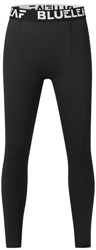 Blueleaf Boys Compression Leggings Youth Athletic Tights Basketball Baseball Football Running Pants Kids Quick Dry Sports Base Layer Black M