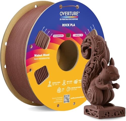 OVERTURE Rock PLA Filament 1,75 mm Walnut Wood 1kg | Marmor PLA | Marmorierte Oberfläche • Einzigartiger Steineffekt • Maßgenauigkeit ±0,02 mm • Gleichmäßige Extrusion • FDM 3D Drucker