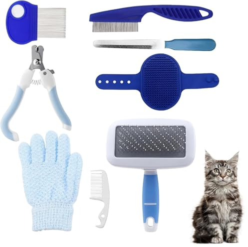 Set de 8 pièces de toilette pour petits animaux domestiques, kit de toilette pour lapins avec brosse à tamis, gant de bain et de massage, peigne à hamster (bleu)