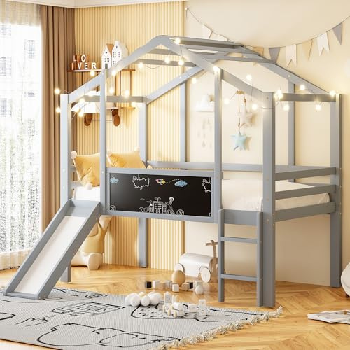 NovaFurnish Kinderbett 90X200cm Dachboden-Design mit Sicherheitsleiter und Sicherheitsrutsche,mit Graffiti-Tafel, Multifunktionsbett Massivholzbett Einzelbett Hochbett (Grau)