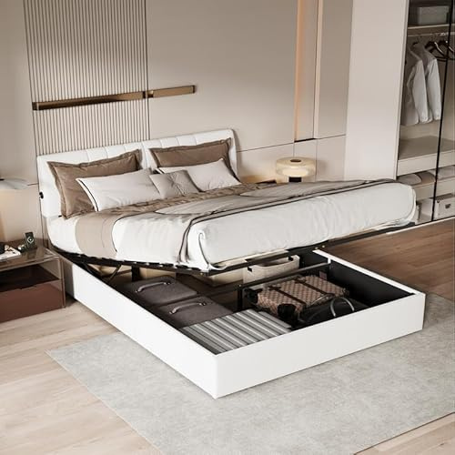 QMTXBYJ Polsterbett Doppelbett 140x190 cm, Hydraulisches Bett 140x190 mit Bettkasten und Lattenrost, Höhenverstellbar Kopfteil mit USB Ladestation, Stauraumbett Funktionsbett aus Holz, Teddy Samt