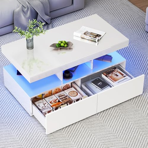 INONEFT Table Basse avec éclairage LED - Table Basse Salon Brillante et Grand Plateau et 2 tiroirs Extensibles - Table Basse de Salon Facile à Nettoyer avec Finition Mate - Blanc - 104x53x46 cm