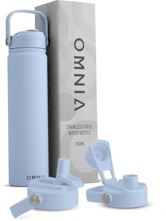 OMNIA NUTRIENTS Vacuum Insulated Stainless Steel Water Bottle, 2 Lids (Straw & Spout) Leakproof, BPA-Free, Reusable Flask Ideal for Travel and Outdoors (Sky Blue - 750 ml)