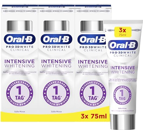 Oral-B 3DWhite Zahnpasta, Clinical Intensive Whitening, 3x 75ml | Weißere Zähne In 1 Tag, Zahnschmelzschonend für Empfindliche Zähne Und Tägliche Anwendung, Süße Minze