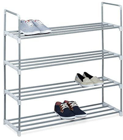 Relaxdays Schuhregal Stecksystem, 4 Ebenen, für 16 Paar Schuhe, HxBxT: 93 x 90 x 31 cm, Schuhständer Metall, silber/weiß
