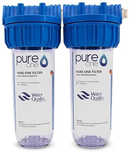 PureOne Doppel Filtergehäuse - Leergehäuse 10 Zoll mit 1, 3/4 oder 1/2 IG Anschluß. Brunnenwasser, Zisterne, Hauswasserwerk. Inkl. Doppelnippel und Teflonband zum Anschluss weiterer Filterstufen