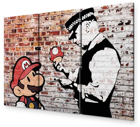 B&D XXL - Leinwand Bilder Banksy Super Mario Mushroom Cop 135x90 cm Vlies Leinwandbild 3 Teilig Kunstdruck modern Wandbilder Groß XXL Wanddekoration Design Wand Bild - Street Art Graffiti Urban Ziegel