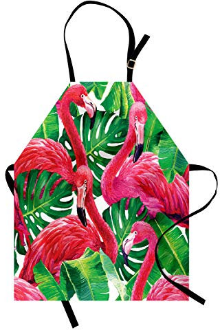 ABAKUHAUS Flamingo Kochschürze, Flamingos, die auf Makrotropen exotischen Blättern sitzen, Grafik in der Retrostil-Grafik, Farbfest Höhenverstellbar Waschbar Klarer Digitaldruck, Grün Rosa